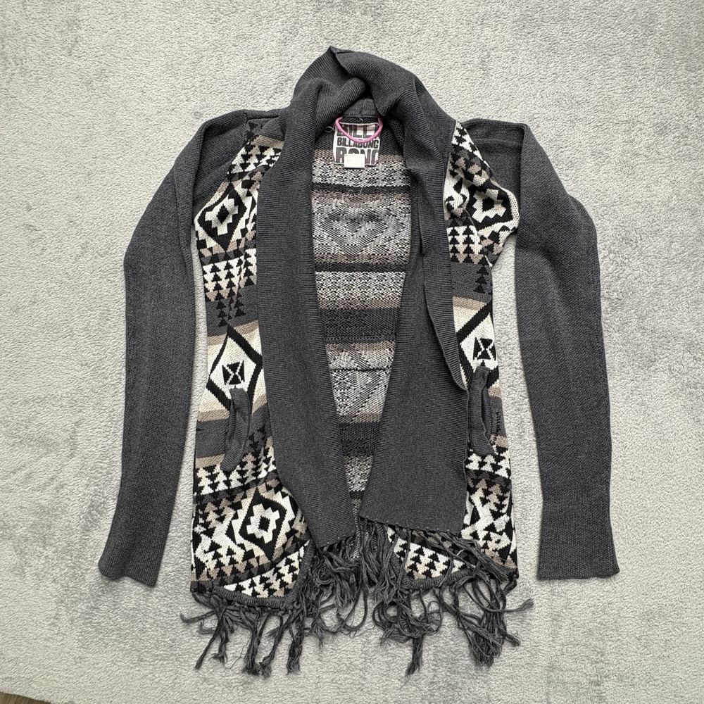Billabong Sweater Womens‎ Small Gray Aztec Fringe Open Front Cardigan JV02LPOR